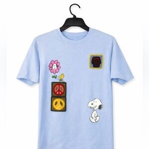 Peanuts Junior's "Keep on Smiling" Sz 3-5 Light Blue T-Shirt W Crocheted design